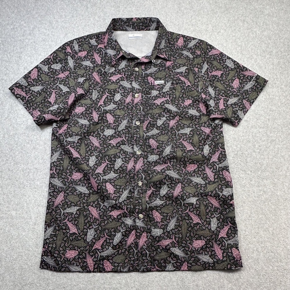 Columbia Super Slack Tide Camp Shirt Mens Small Black Pink AOP Fish Print Vented